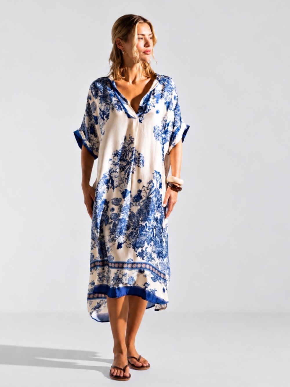 JAKI London Ottilie Silk Satin Kaftan Dress Navy L/XL